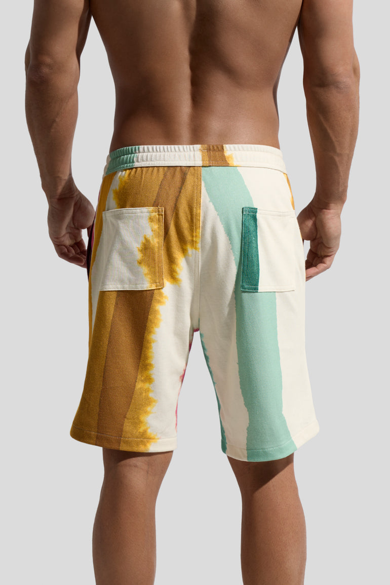 Picture of organic cotton shorts named Deia with Eivissa Print back view on male model  by Bas Bains
