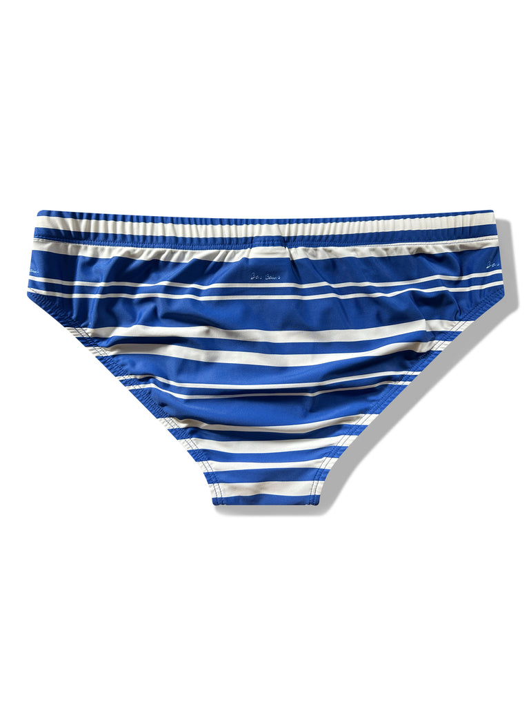 Blue and white striped swim brief on a white background