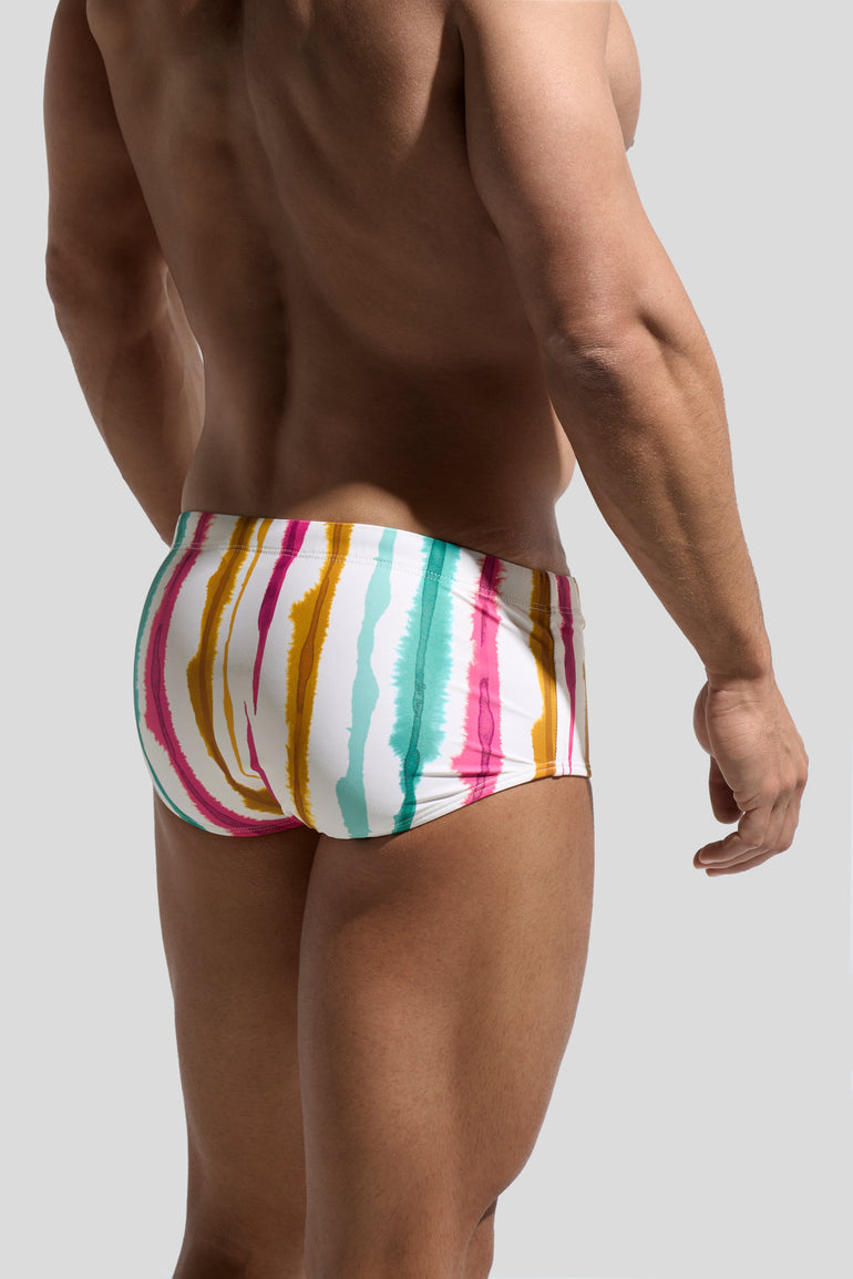 image of swimwear sunga in Eivissa print back view on male model by Bas Bains