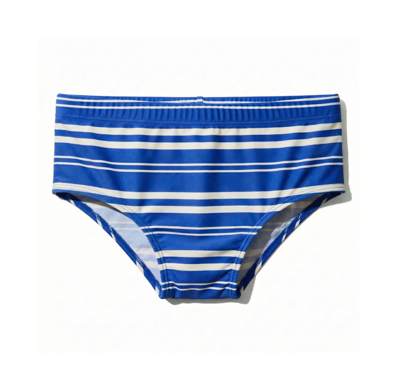 Blue and white striped swim brief on a white background