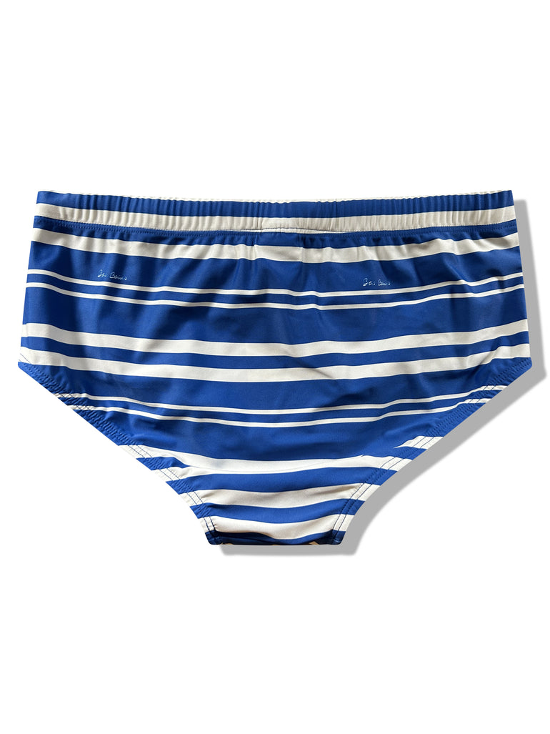 Blue and white striped swim briefs on a white background