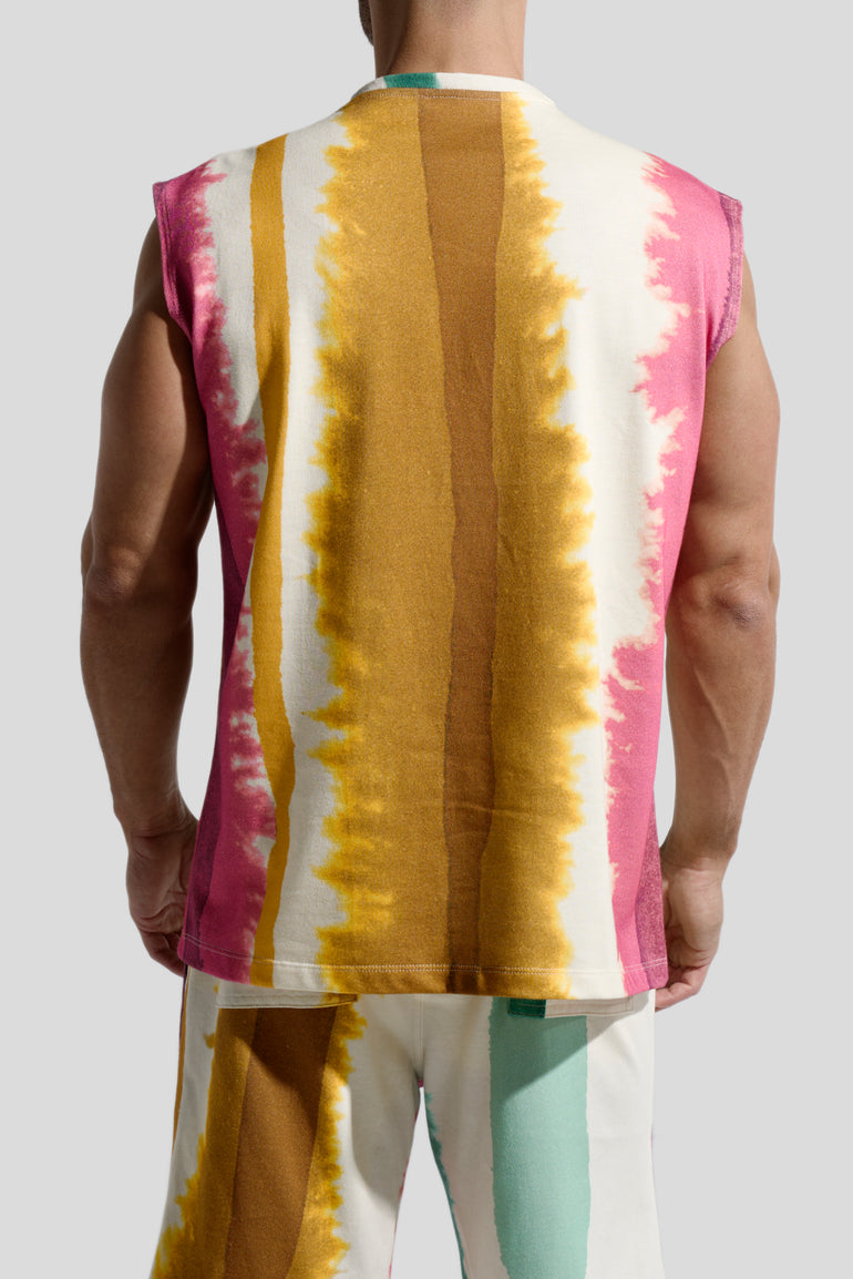image of organic cotton tank top in Eivissa print back view on male model by Bas Bains