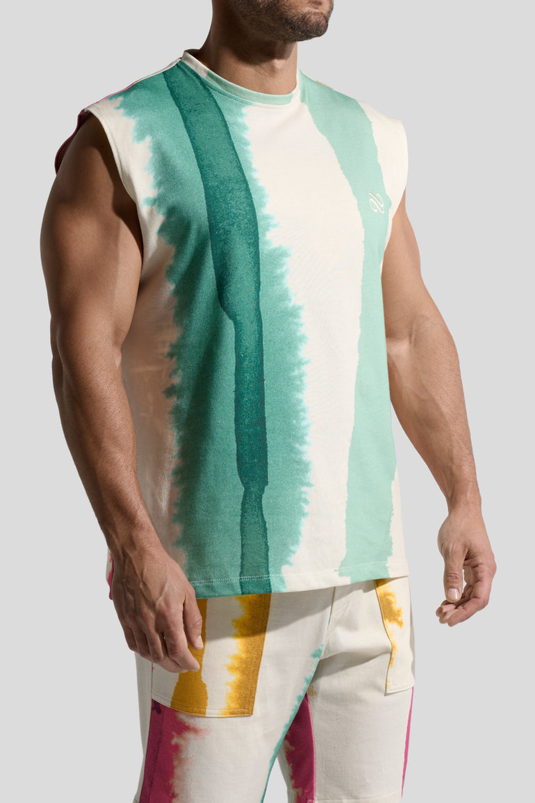 image of organic cotton tank top in Eivissa print side view on male model by Bas Bains