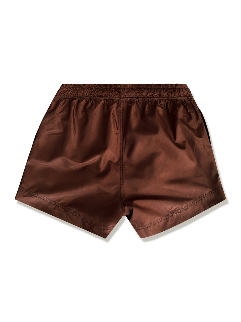 A pair of brown swim shorts with an elastic waistband, shown flat against a white background.
