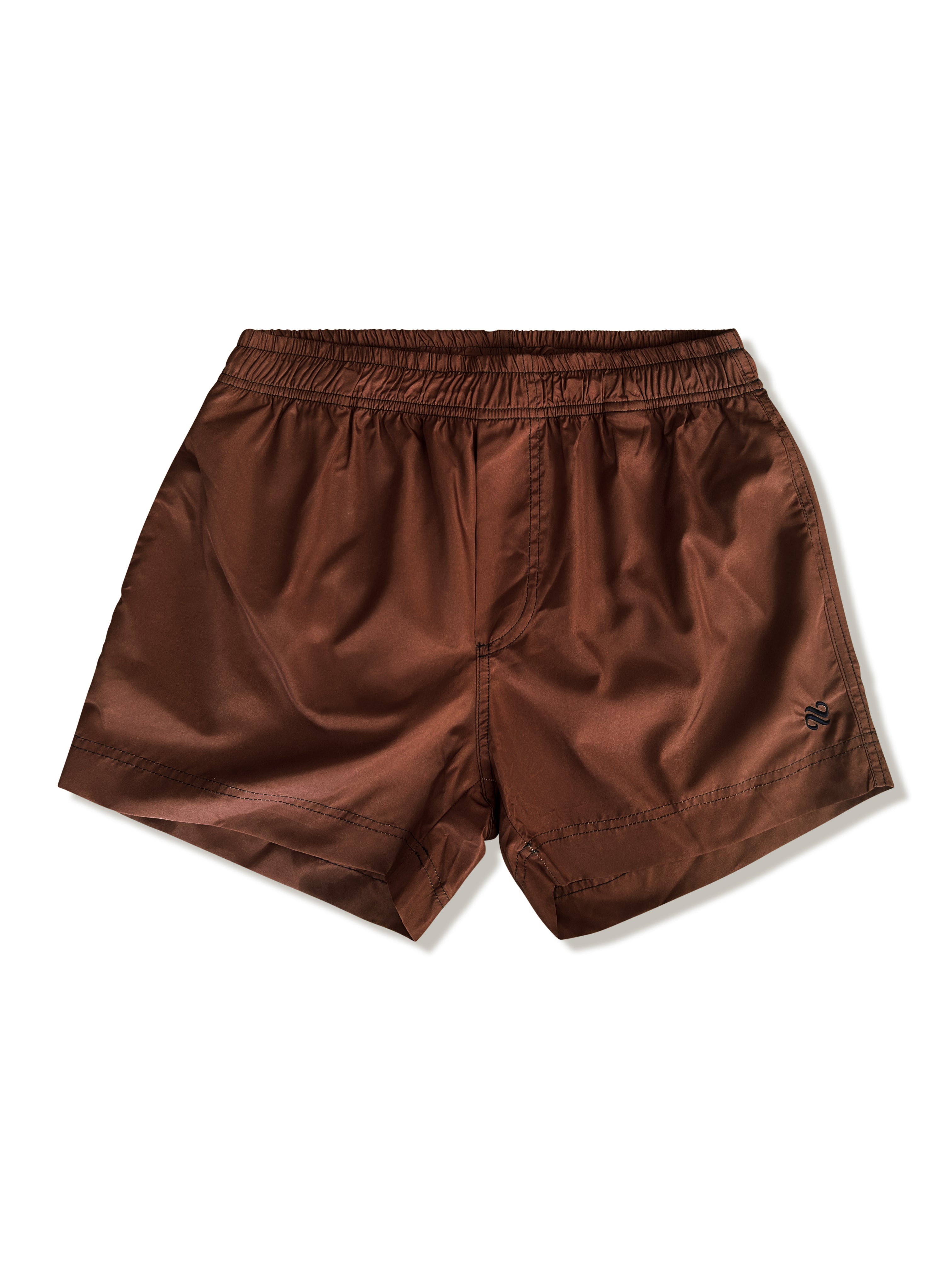 A pair of brown swim shorts with an elastic waistband, laid flat on a white background.