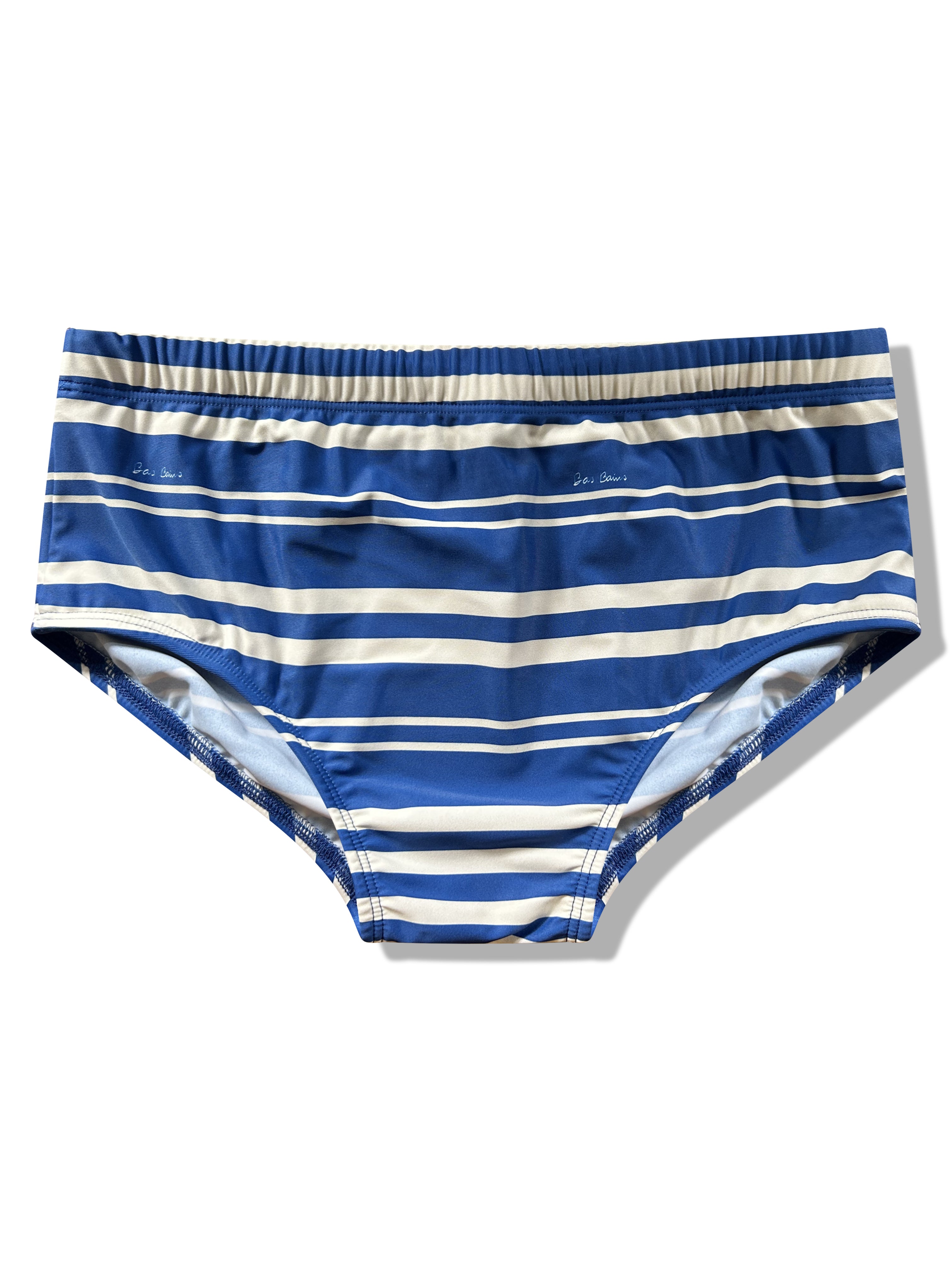 Blue and white striped swimwear on a white background